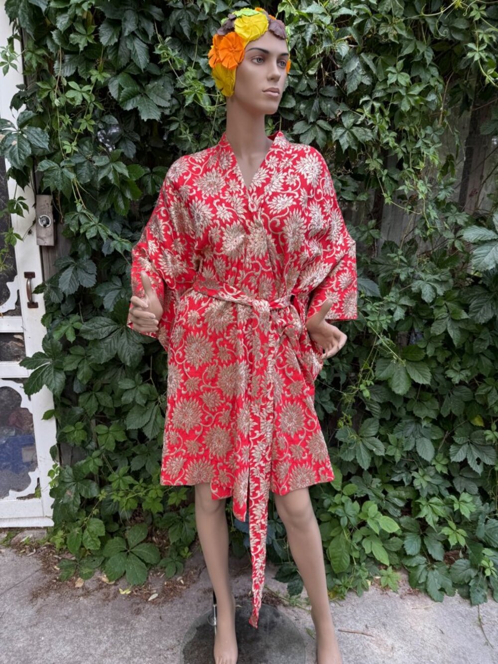 Vintage Red Orange Silk Robe with Gold Floral Metallic Embroidery Wizard Sleeves